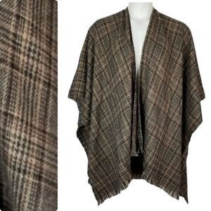 Earth Tone Plaid Neutral Soft Cozy Longline Open Drape Front Shawl Wrap Fringe